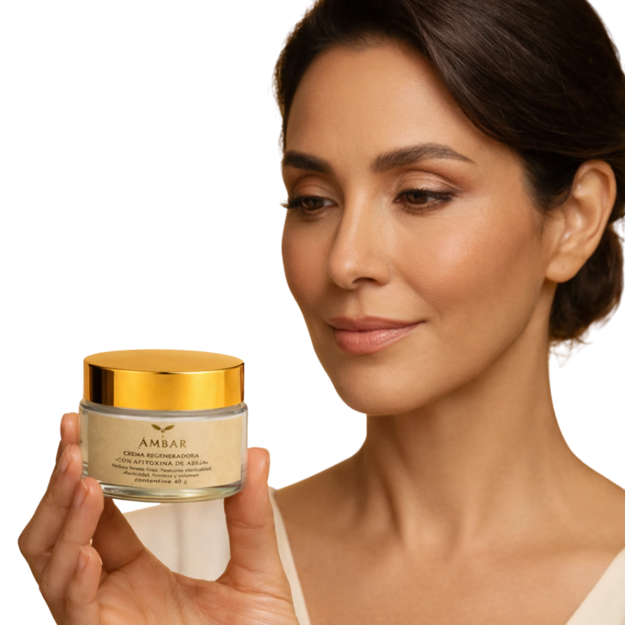 Modelo con Crema Regeneradora Ámbar Apis